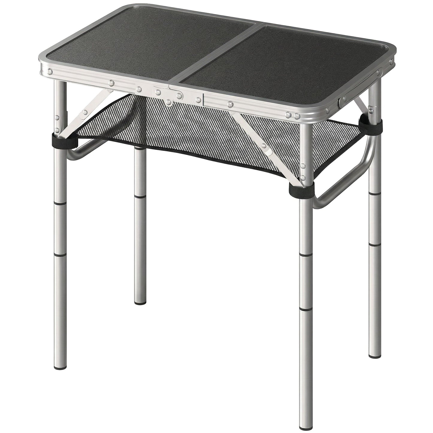 2ft Folding Camping Table, Picnic Table with Mesh Storage Layer, 4 Adjustable Heights and Carrying Handle, Black