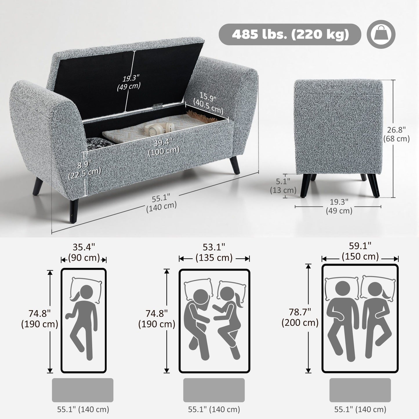 Upholstered Storage Bench with Arms - Grey