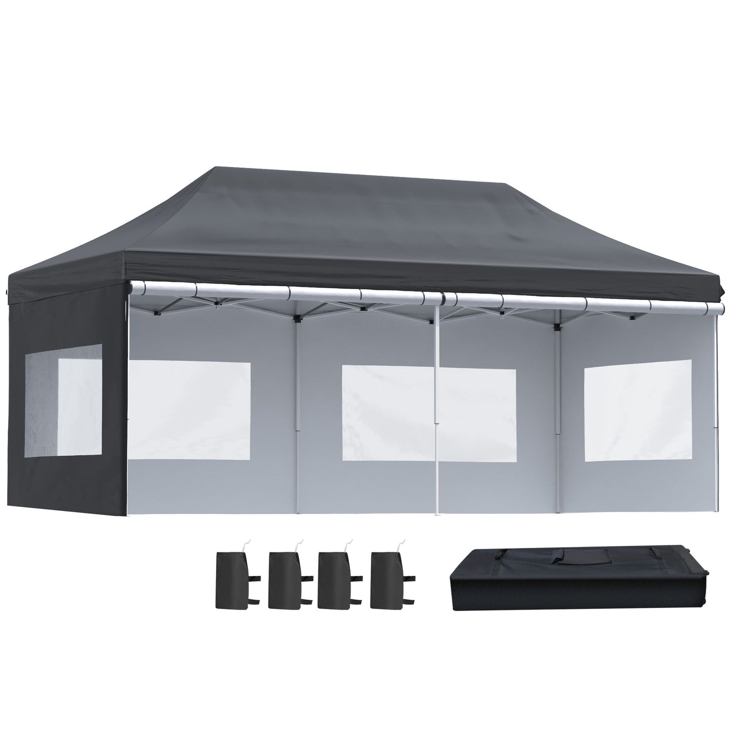 20' x 10' Folding Pop Up Canopy Tent with Sidewalls, Windows, Weight Bags and Carrying Bag, Black