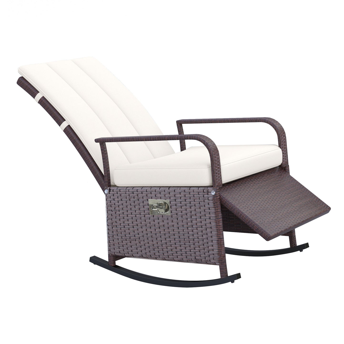 Outdoor Wicker Rocking Chair with Cushion, Patio PE Rattan Recliner Chair with Adjustable Footrest, Armrests, Cream White