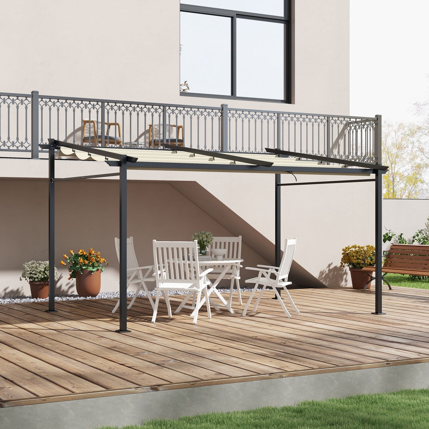 Metal Pergola with Sliding Roof Canopy, Retractable Pergola Canopy, 10' x 13', Beige