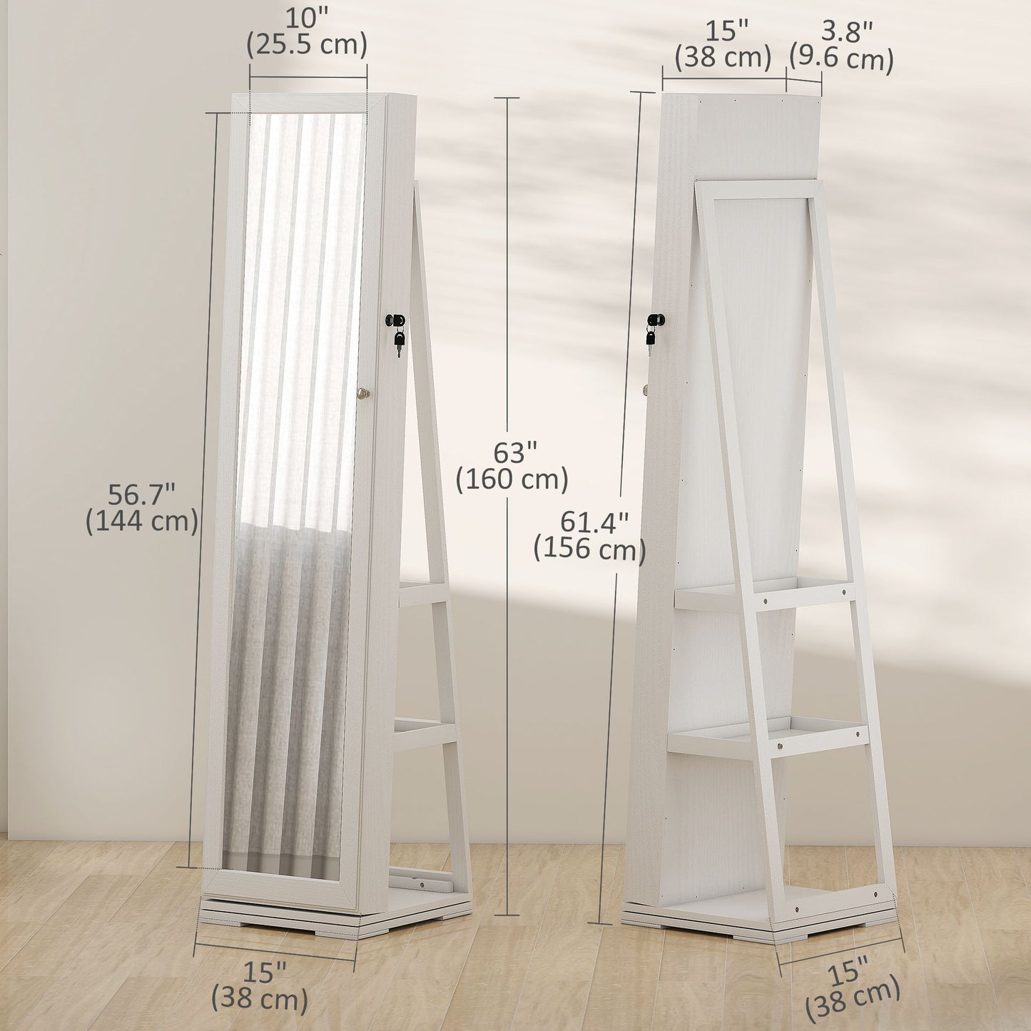 360° Swivel Jewelry Armoire, Lockable Mirror Jewelry Cabinet with Built-In Small Mirror, White