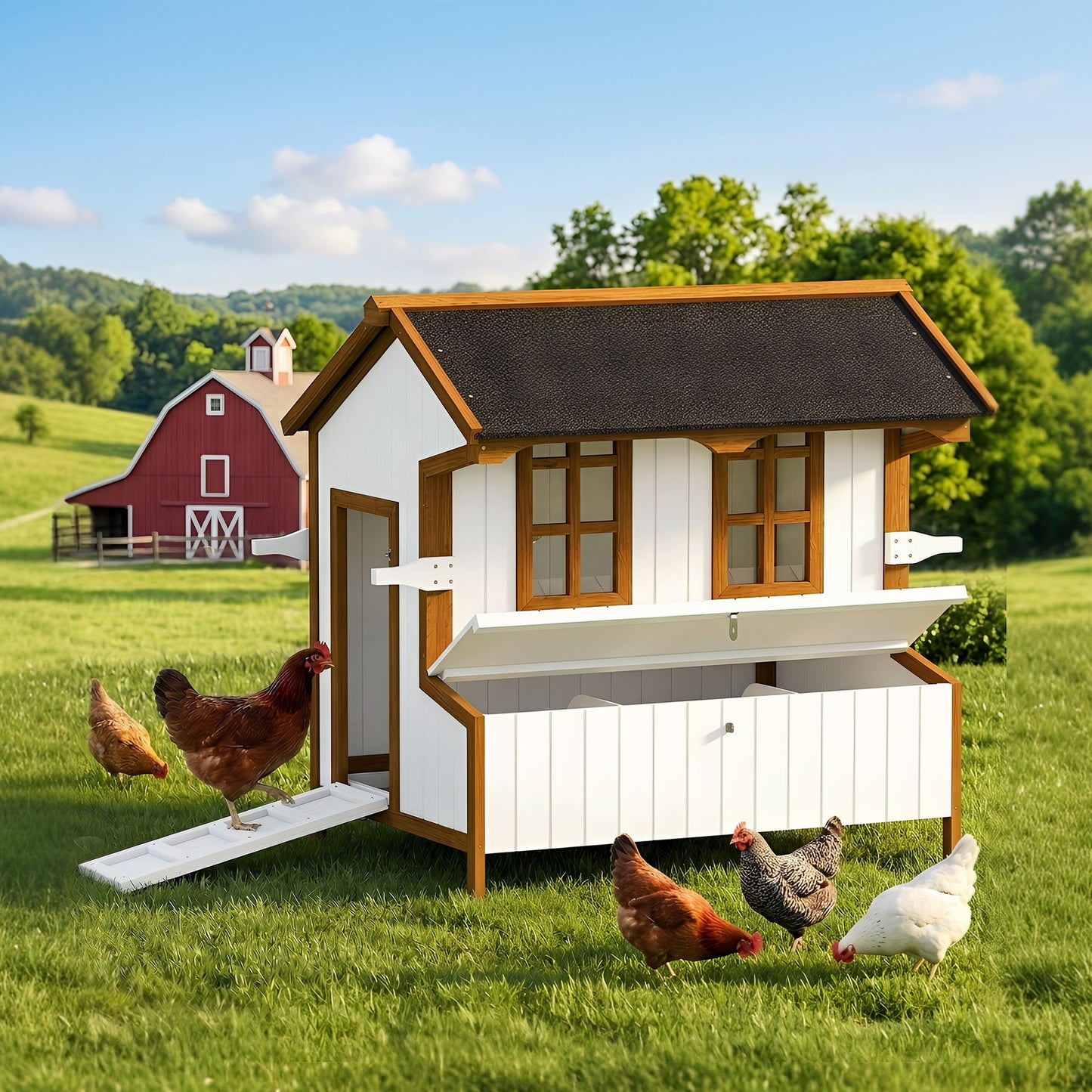 47" Chicken Coop Wooden Chicken House Rabbit Hutch Raised Poultry Cage Portable Hen Pen Backyard
