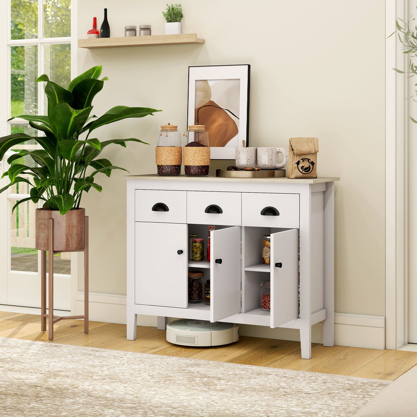 Sideboard Buffet Cabinet, 40" Kitchen Coffee Bar Cabinet with 3 Drawers and 2 Adjustable Shelves, White