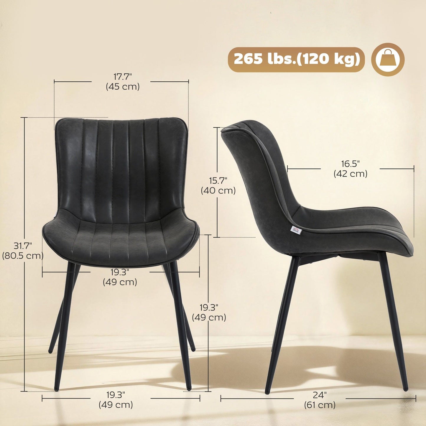 PU Leather Dining Chairs Set of 2 with Steel Legs - Black