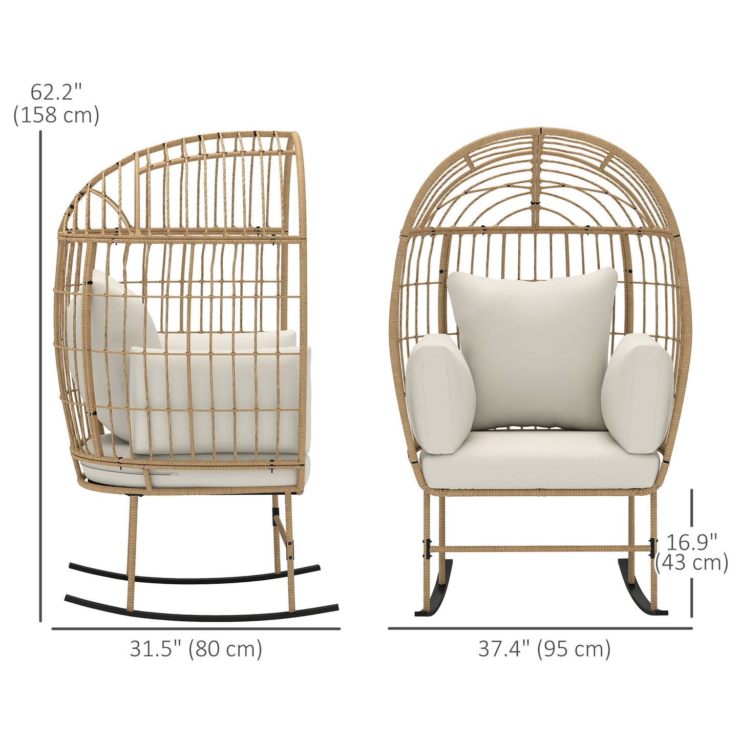 Oversized Rocking Chair, Indoor Outdoor Egg Chair w/ Thickened Cushions, Wicker Patio Lounger for Porch, Balcony, Beige