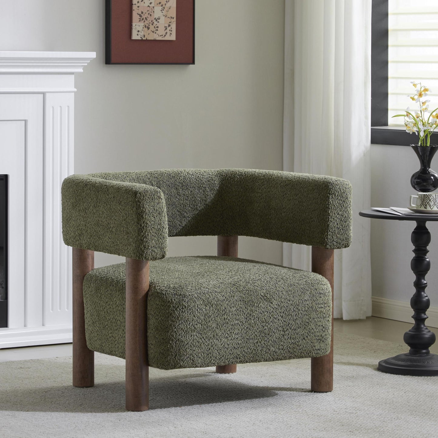 Cozy Accent Armchair with Spring Bag Seat Cushion, Single Lounge Sofa for Bedroom, 30.5" L x 29.5" W x 27" H, Olive Green+Walnut