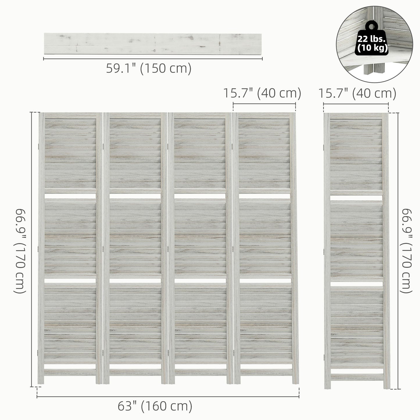 4-Panel Wall Partition Room Separator with 3 Storage Shelves Foldable Design Wooden Frame 5.6FT Distressed White