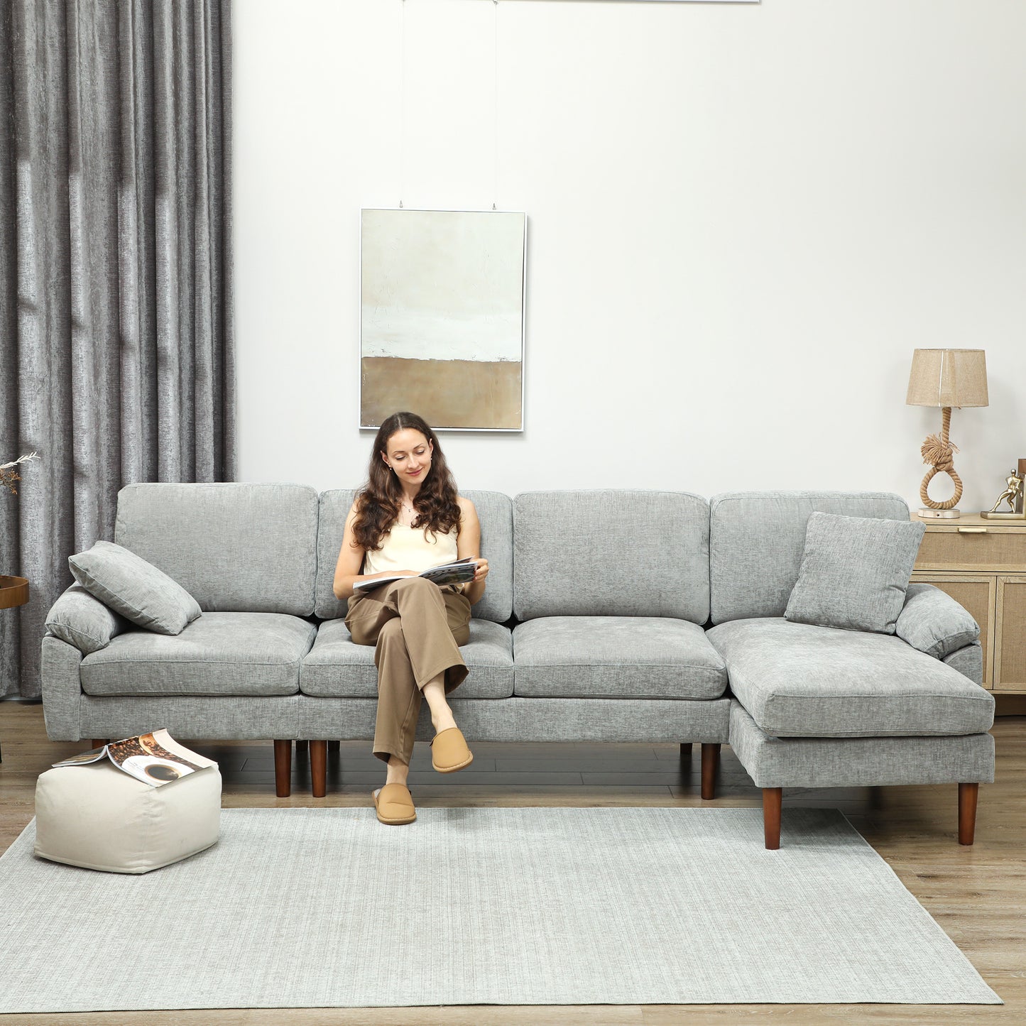L-Shape Sofa, Modern Sectional Couch with Changeable Chaise Lounge, Pillows and Wooden Legs for Living Room, Grey