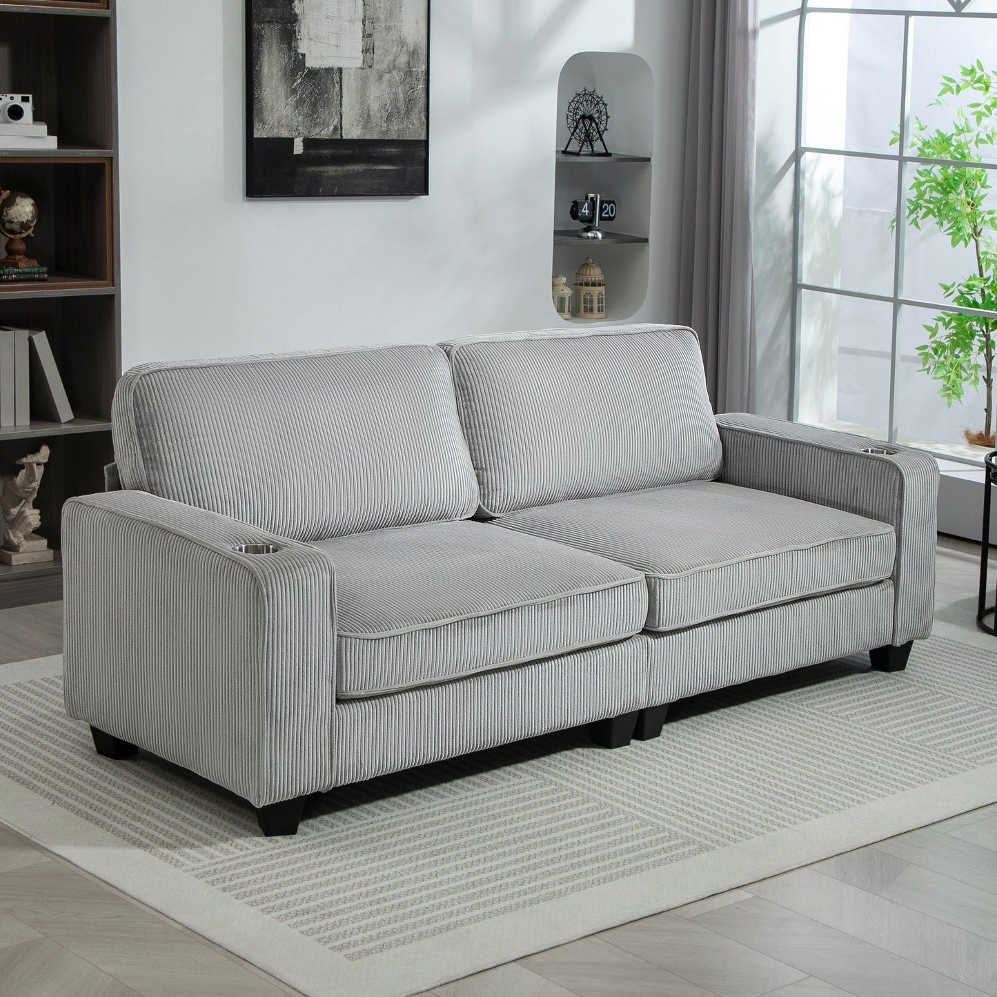 3-Seater Sofa with Cup Holders - Light Grey