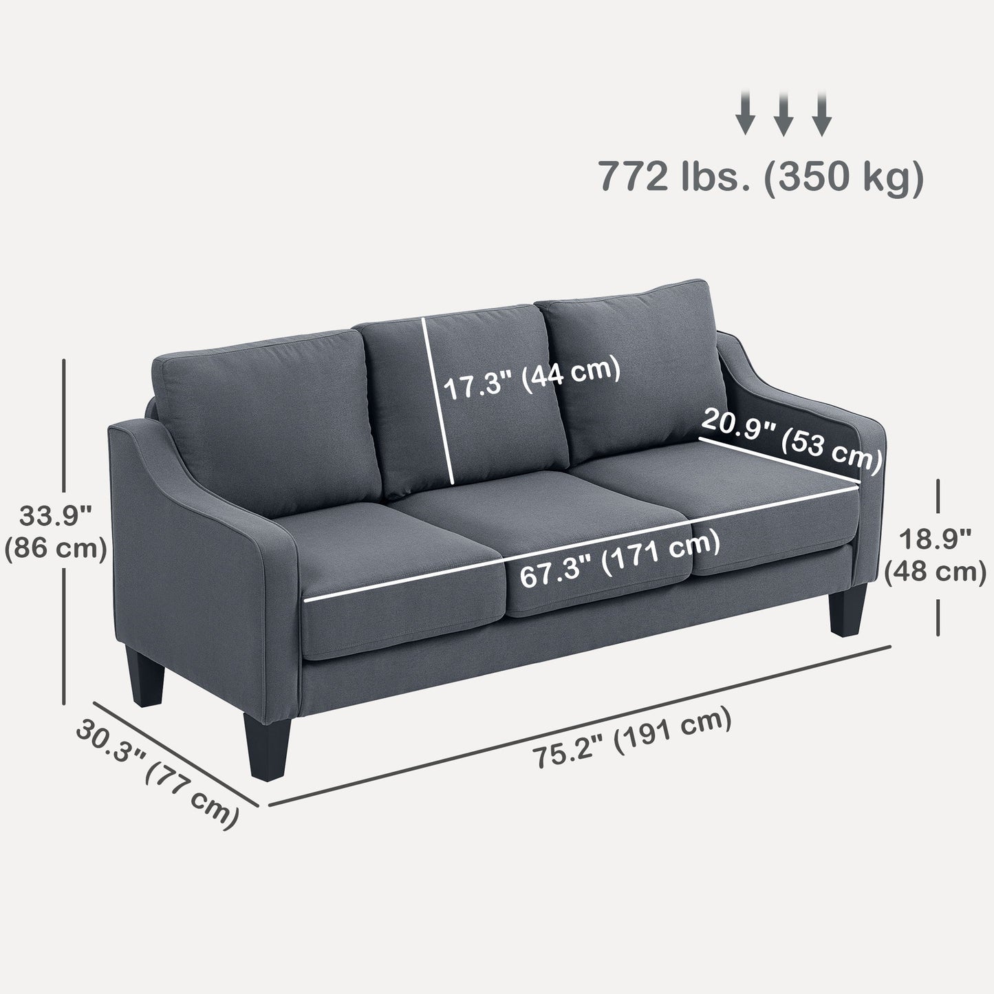 3 Seater Sofa, Modern Couch with Pocket Spring, Linen Upholstered, Thick Padded, Charcoal Grey