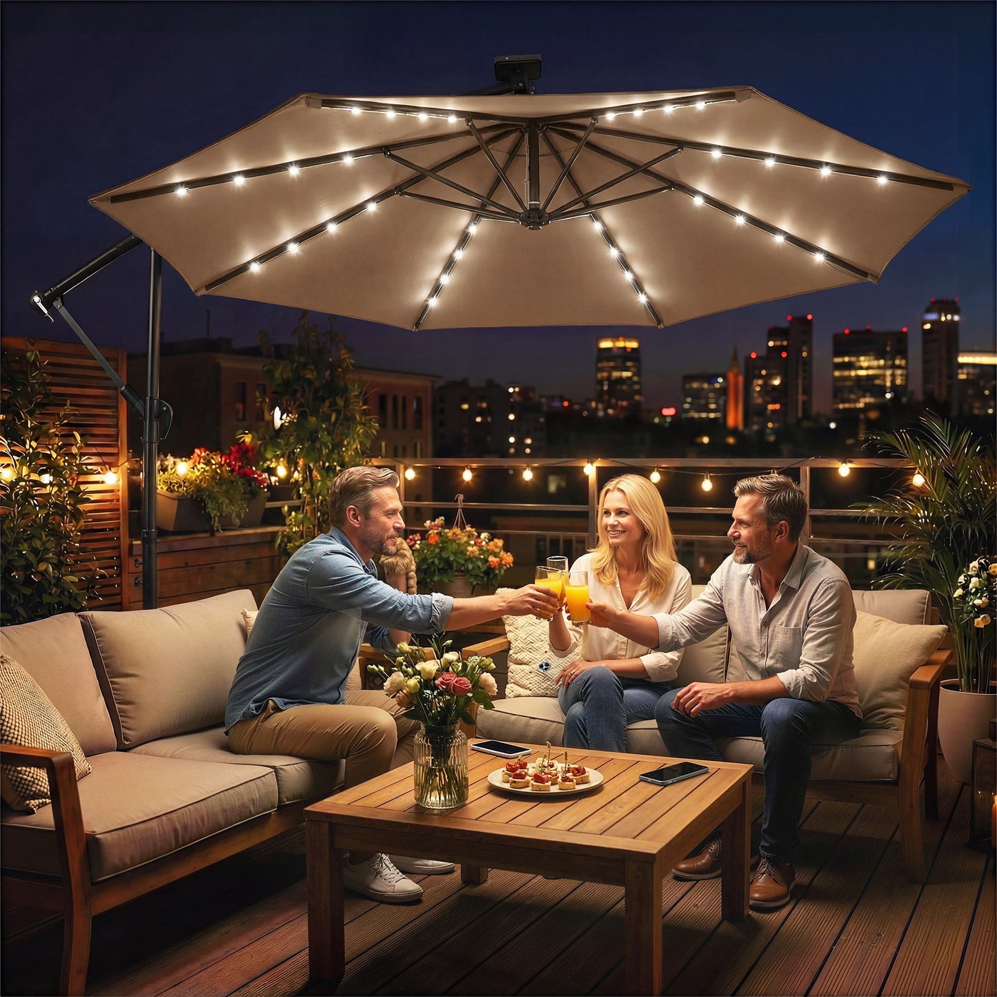 9.7 ft Cantilever Patio Umbrella with Solar Light, Garden Hanging Parasol with Cover, Tilt, Crank, Khaki