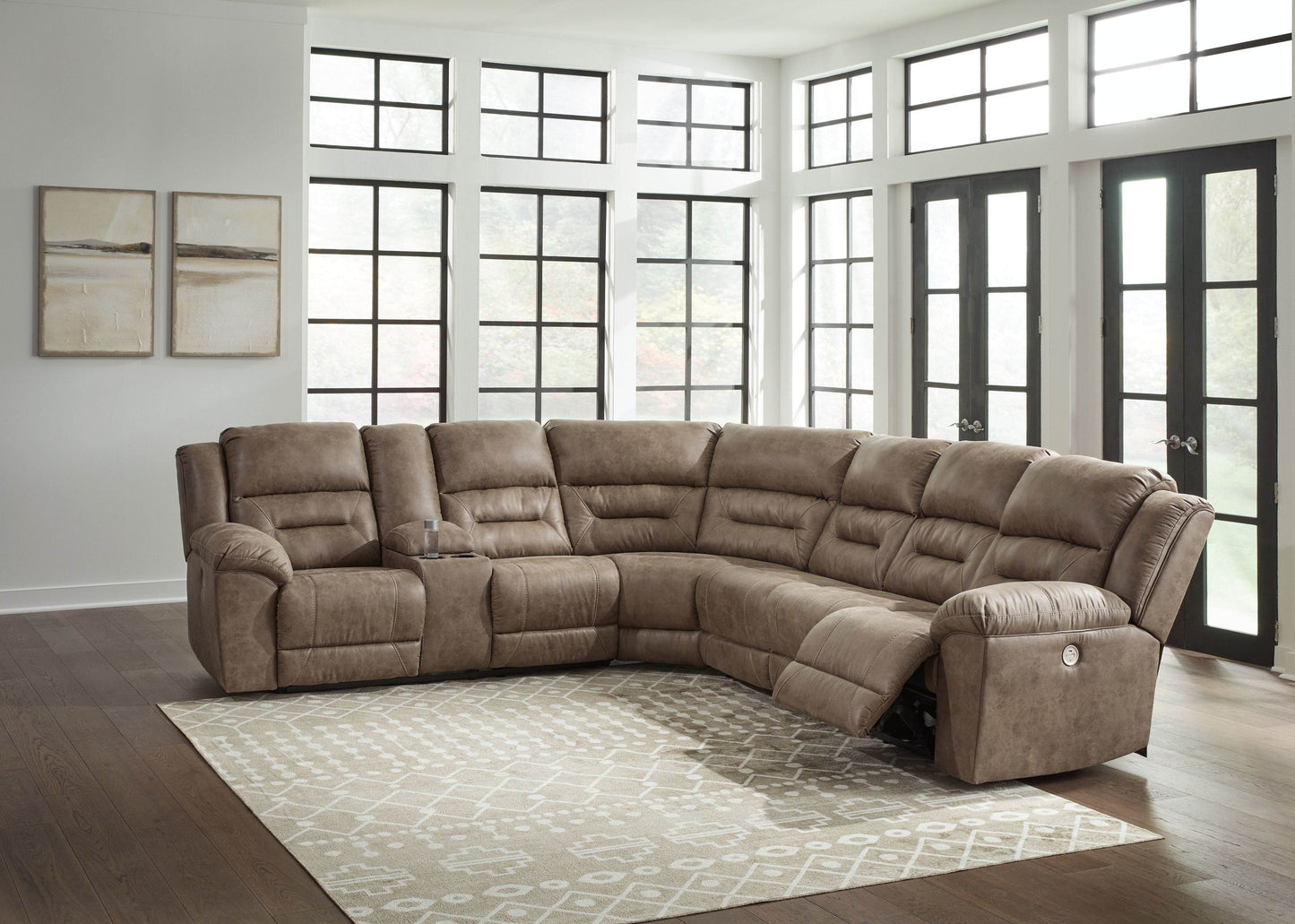 Ravenel - Fossil - 4-Piece Power Reclining Sectional With Laf Power Reclining Loveseat With Console - Faux Leather - Forward Furniture
