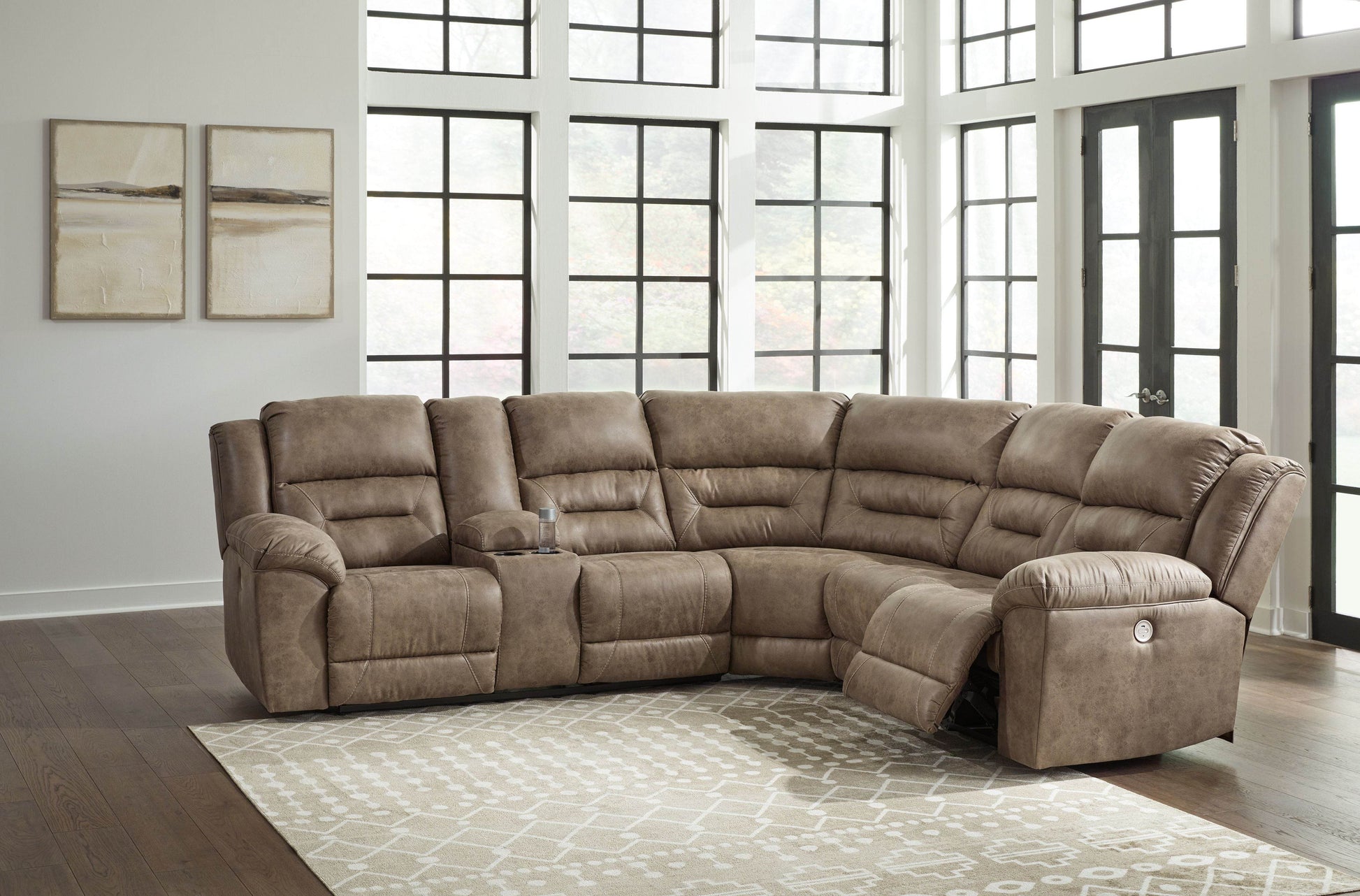 Ravenel - Fossil - 3-Piece Power Reclining Sectional With Laf Power Reclining Loveseat With Console - Faux Leather - Forward Furniture