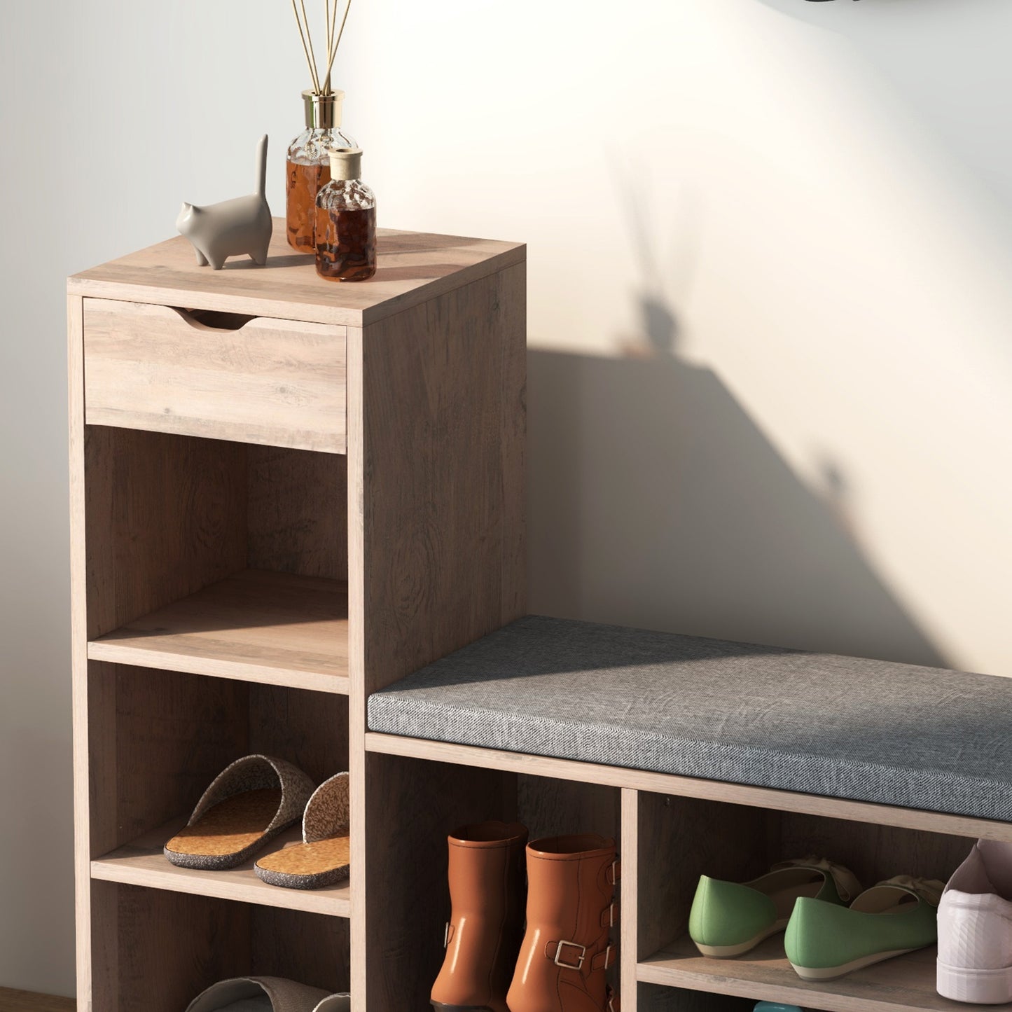 Upholstered Shoe Storage Bench w/ Seat, Entrance Bench w/ Drawer and 6 Open Shelves for Hallway, Grey