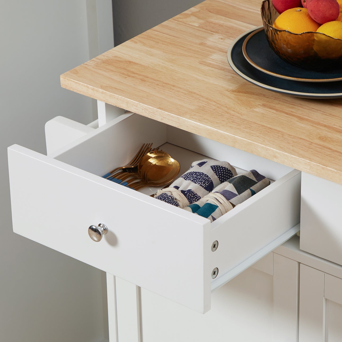Rolling Kitchen Island with Storage, Kitchen Cart with Rubber Wood Top, Adjustable Shelf, Towel Rack, Hooks and Storage Drawers, White