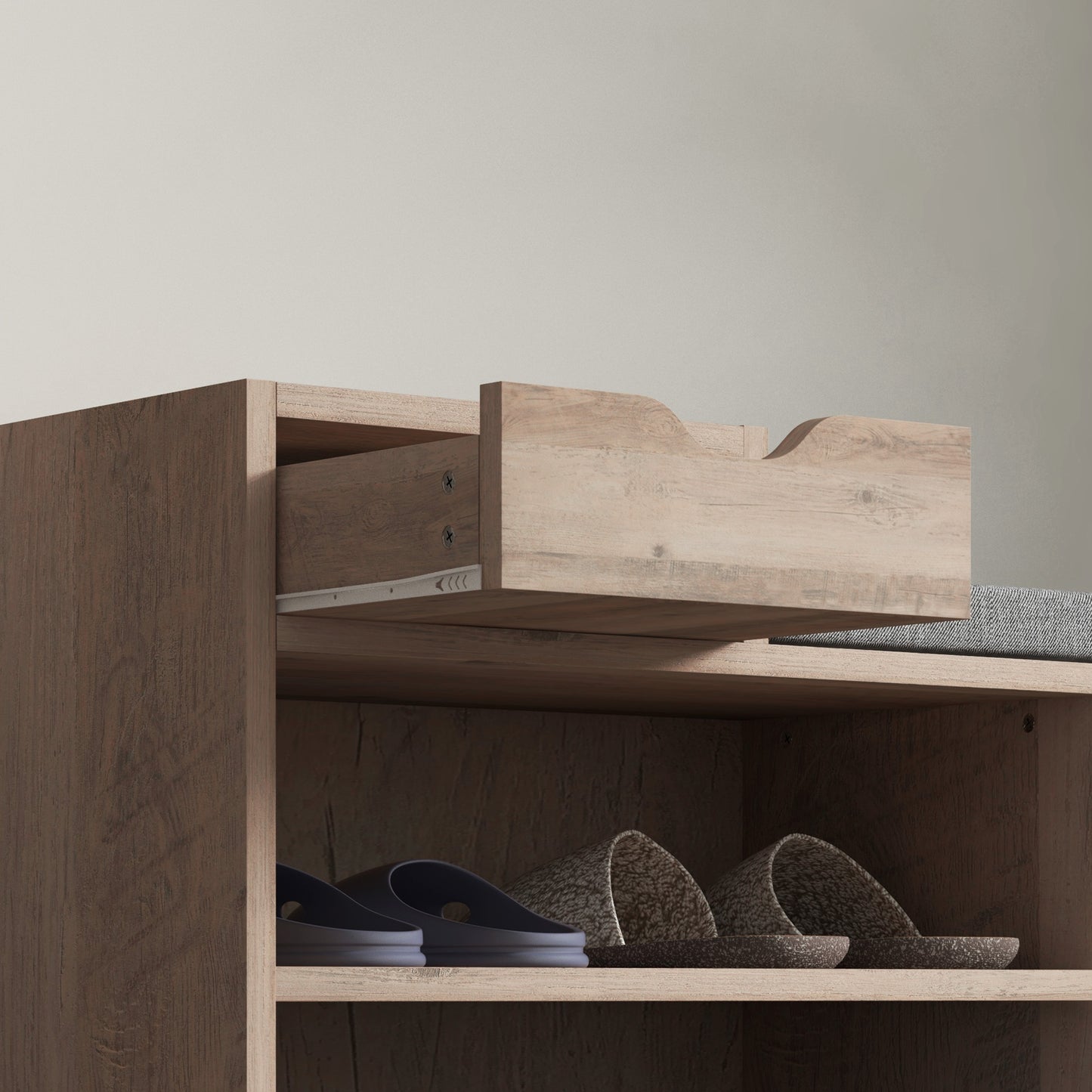 Upholstered Shoe Storage Bench, Hallway Shoe Storage with Seat, Drawer, 3 Open Shelves for Entryway, Grey