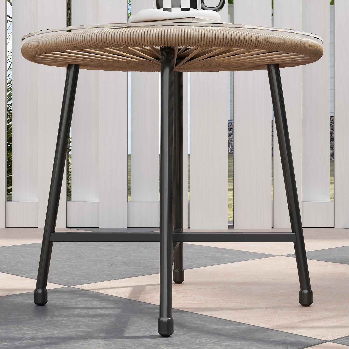 Outdoor Bistro Set, 3 Piece Wicker Patio Furniture Set with Acapulco Chairs and Glass-Top Table, Natural Wood