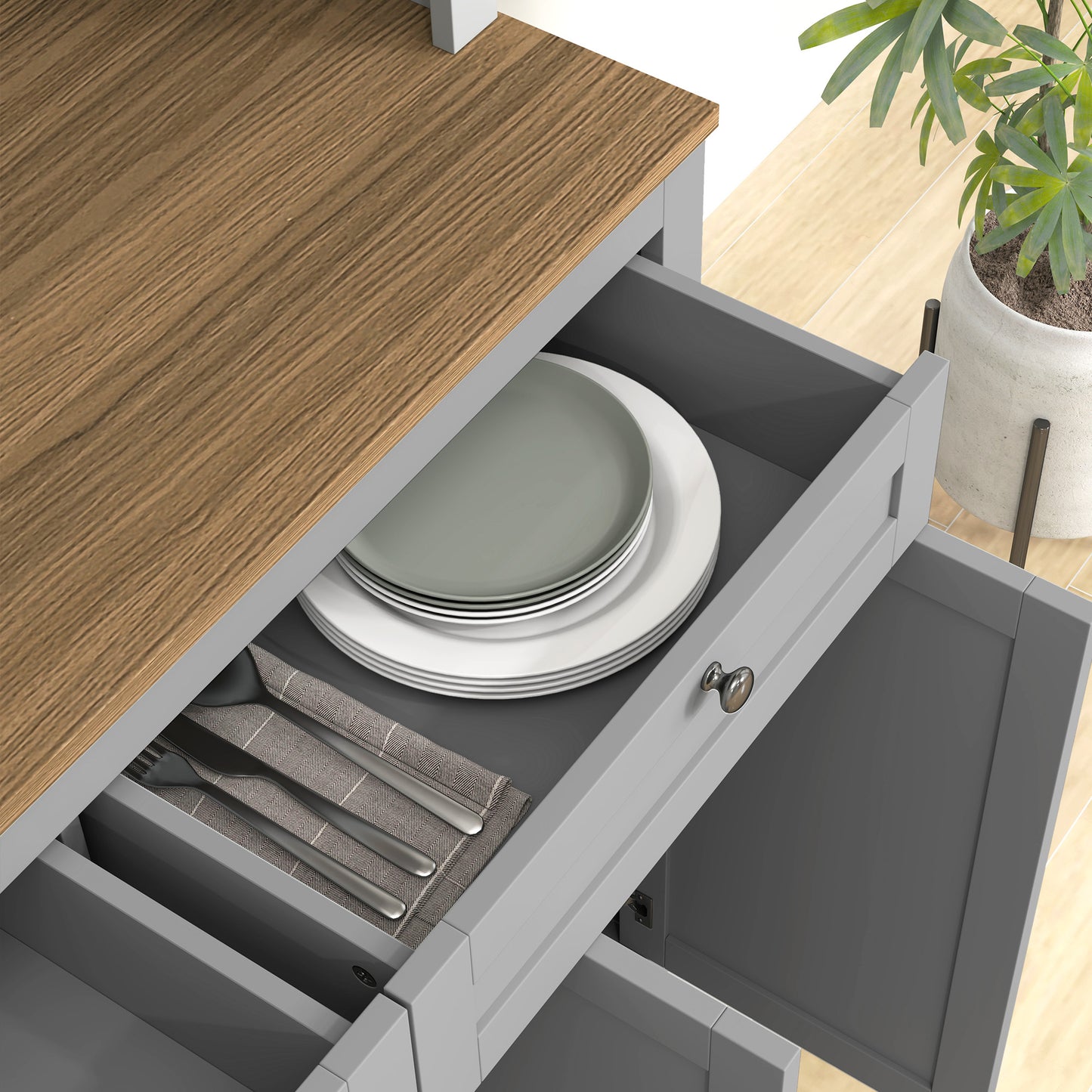 71" Pantry Cabinet with Microwave Space, Buffet with Hutch, 2 Drawers, Adjustable Shelves and Glass Doors, Grey