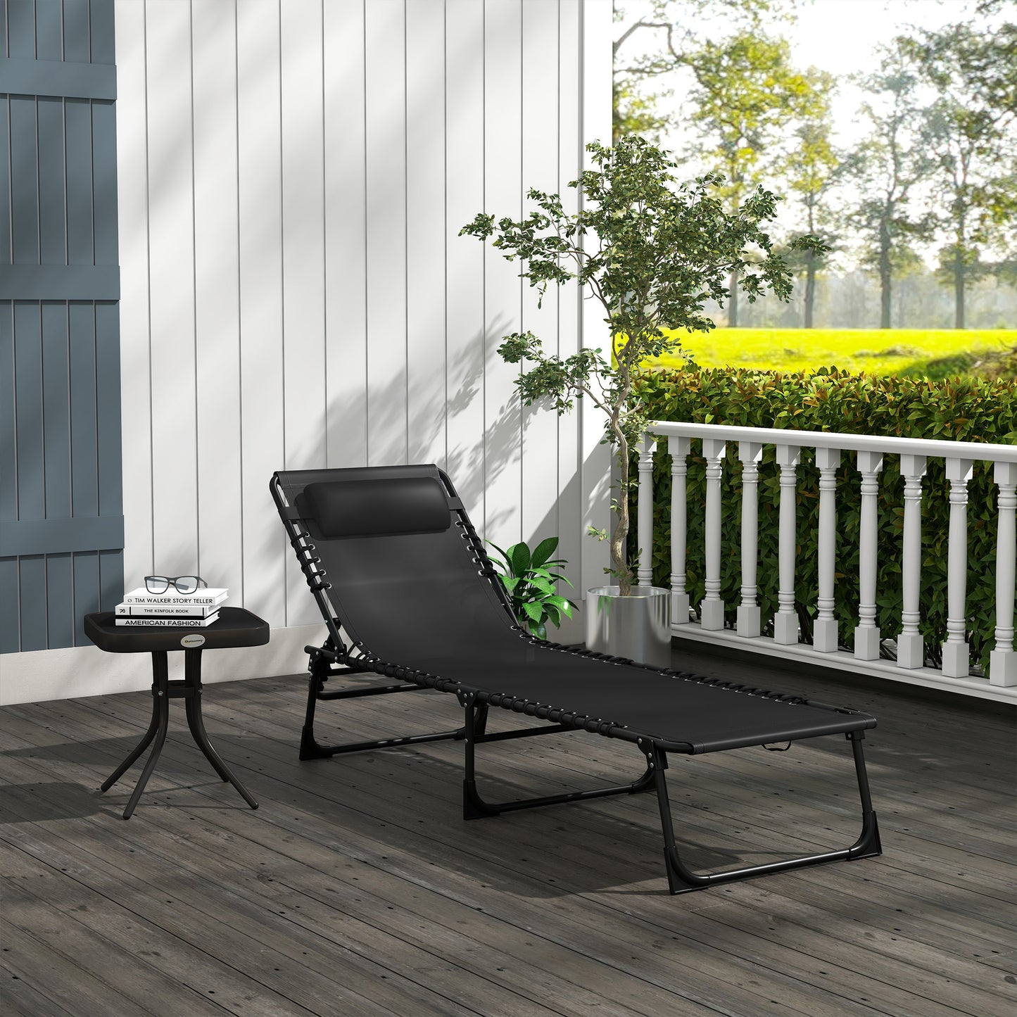 Outdoor Folding Lounge Chair, 4-Level Adjustable Chaise Lounge with Headrest, Tanning Chair Beach Bed Reclining Lounger Cot for Camping, Hiking, Backyard, Black