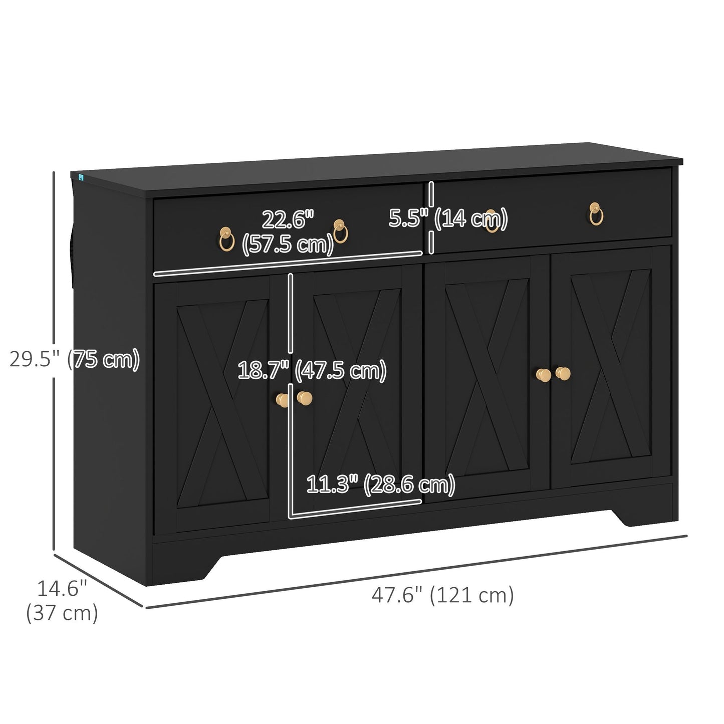 Sideboard Cabinet with 2 Drawers & 4 Barn Doors - Black