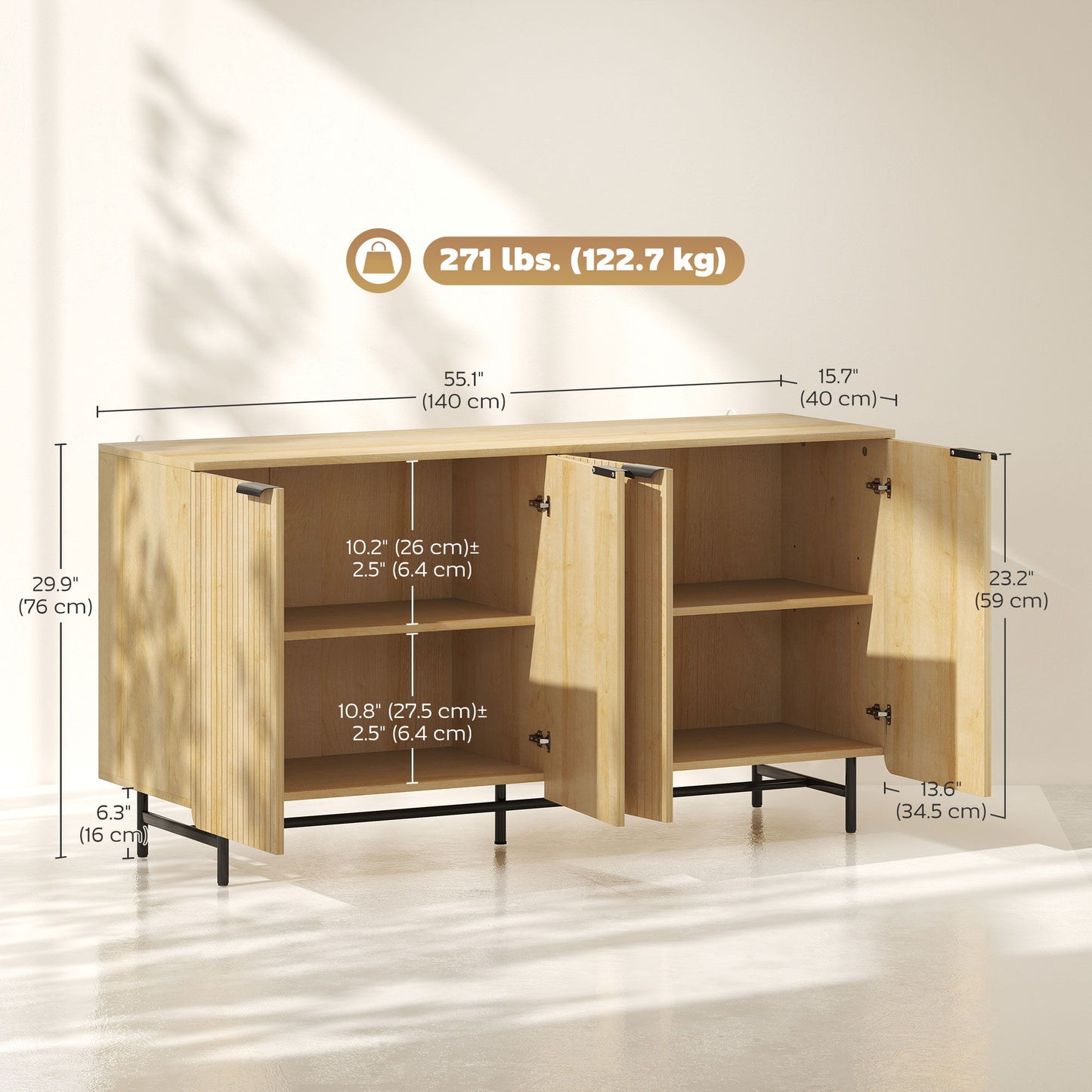 55" Modern Sideboard, Fluted Buffet Cabinet with Adjustable Shelves, 5 Metal Legs for Kitchen, Living Room, Nature Wood