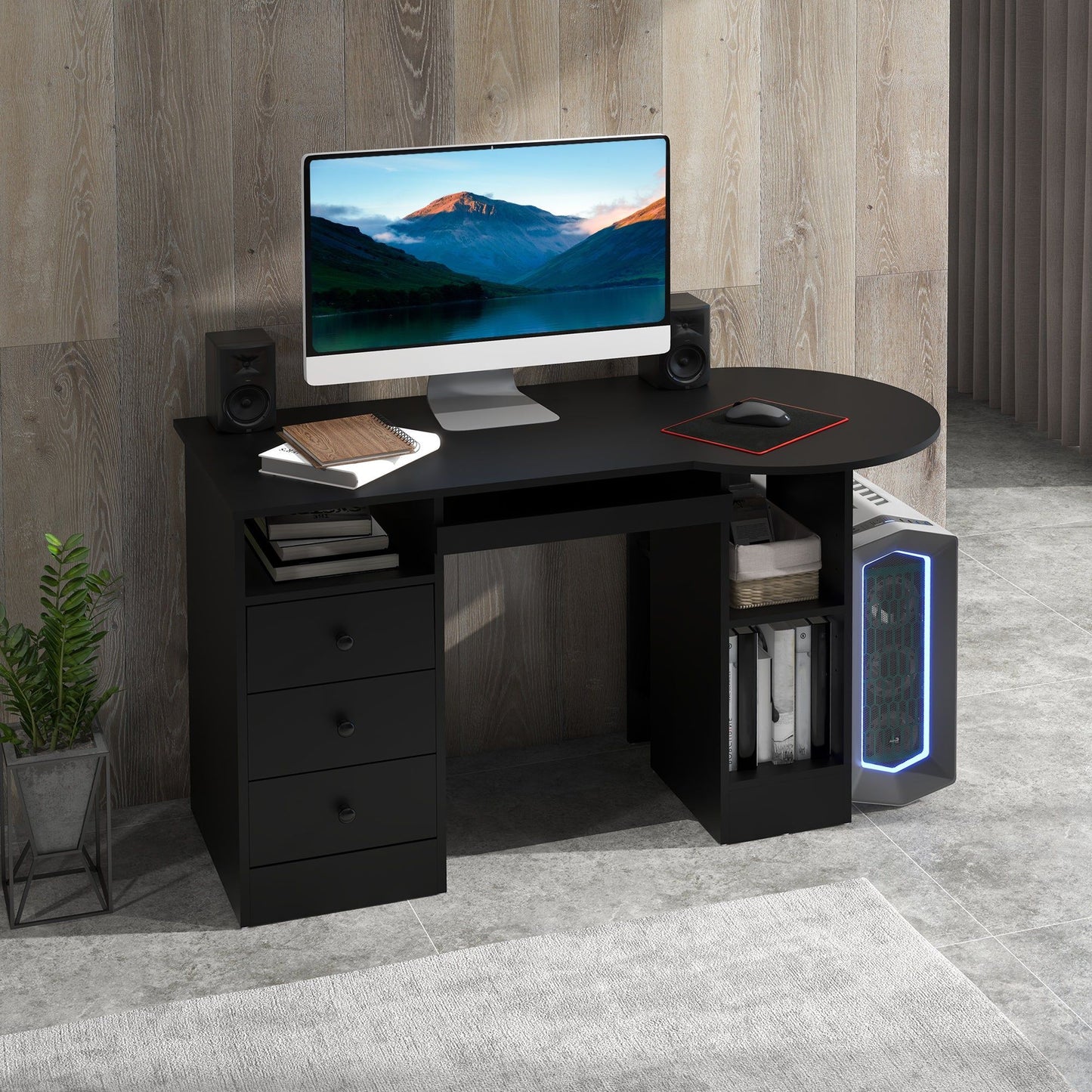 Computer Desk with Shelves and Drawers - Black