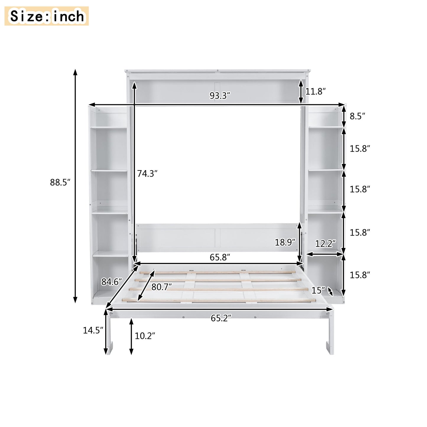 Queen Size Murphy Bed with Shelves and LED Lights, Space-Saving Wall Bed with Flexible Slats, 93.5" L x 84.5" W x 88.5" H, White