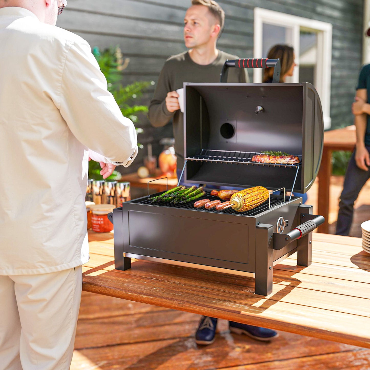 Tabletop Charcoal Smoker, Portable BBQ with Ash Catcher and Thermometer for Backyard, Camping, Picnic, Black