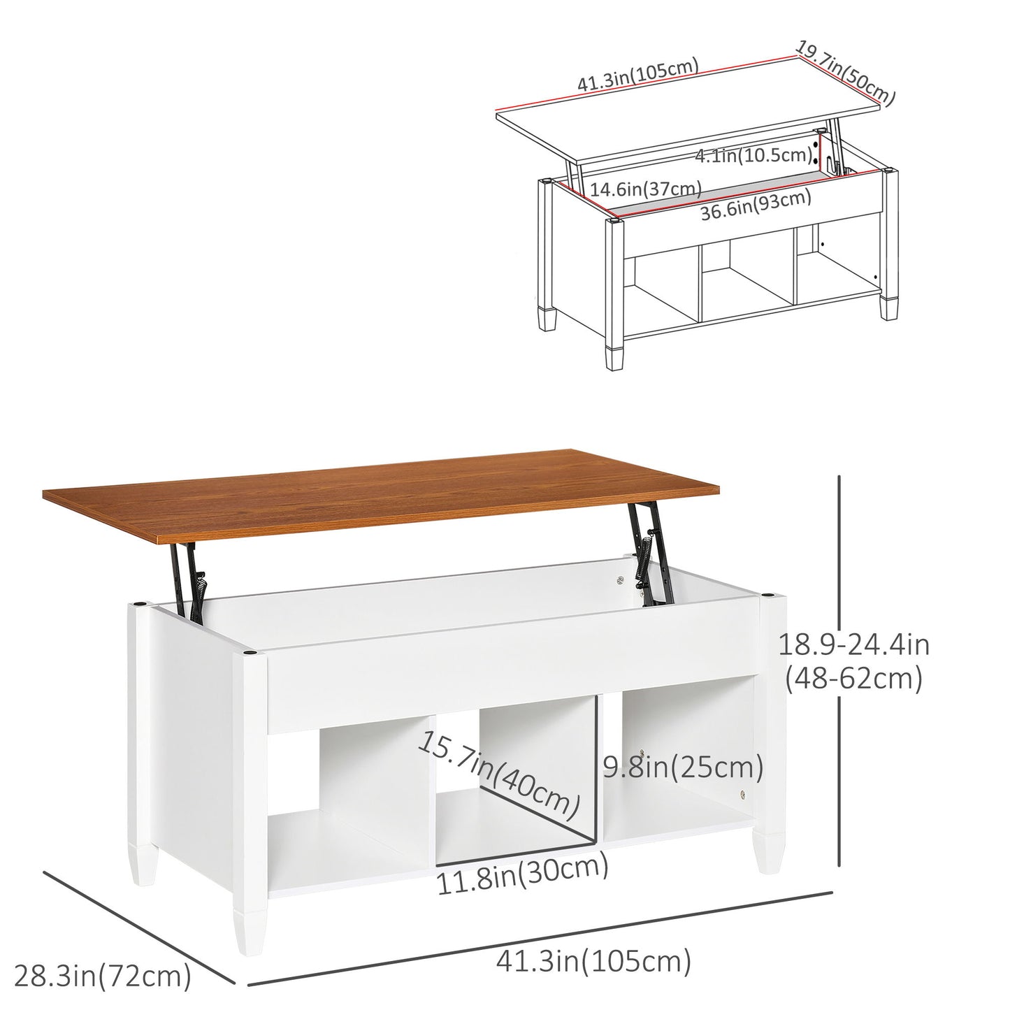 Lift Top Coffee Table, Modern Center Table with Storage Shelves and Hidden Compartment for Living Room, 41" L
