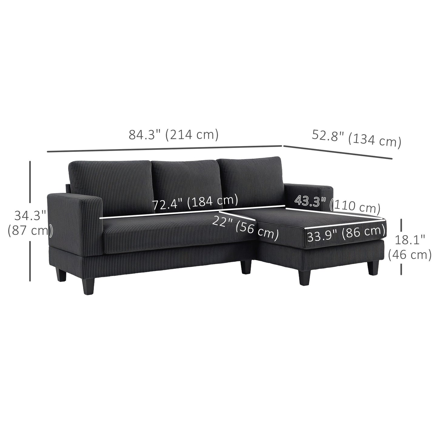 L Shaped Couch, L Shape Sofa with Chaise Lounge and Spring Cushion for Living Room, Bedroom, Grey