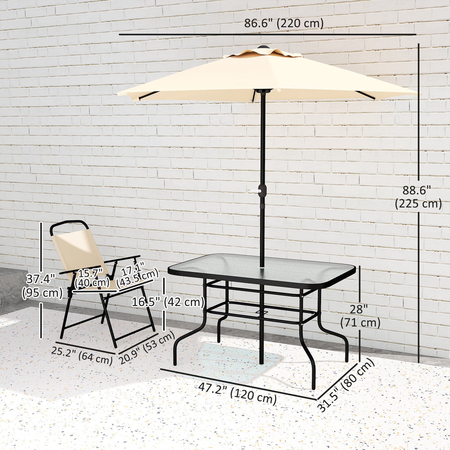 8 PCS Folding Patio Dining Set, Outdoor Bistro Set for 6, 47" Rectangle Table with 6 Folding Chairs, 7' Patio Umbrella with Crank, Outdoor Table Chair Set, Beige