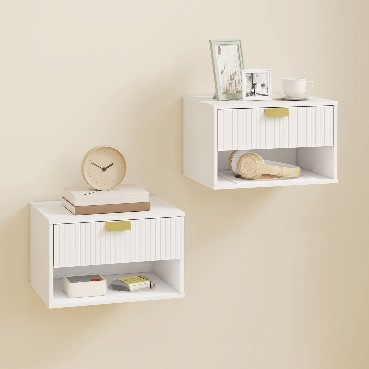 Set of 2 Wall Mounted Bedside Tables, Floating Nightstands with Fluted Drawer and Open Shelf for Bedroom, White