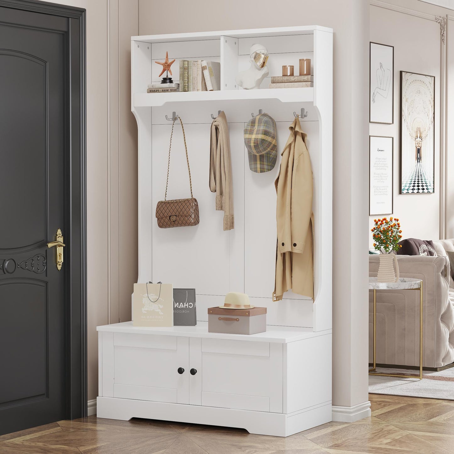 Space‑Saving Coat Rack with 4 Hooks and Top Open Shelf, Multifunctional Cabinet for Compact Homes, 40'' L x 18.5'' W x 72'' H, White