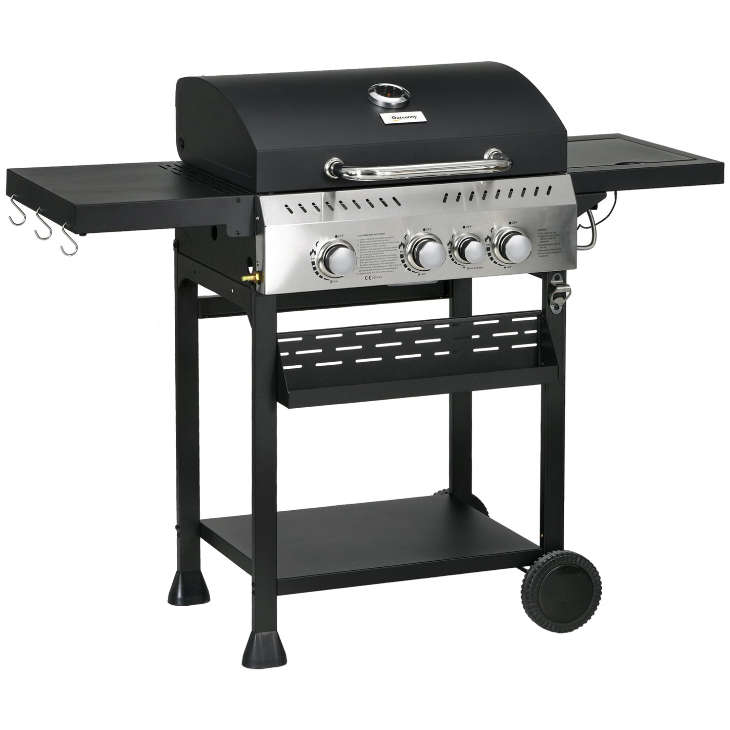 38,000 BTU Propane Gas Grill BBQ Cart with 3 Main Burners, 1 Side Burner, with Warming Rack, Side Prep Tables, Black