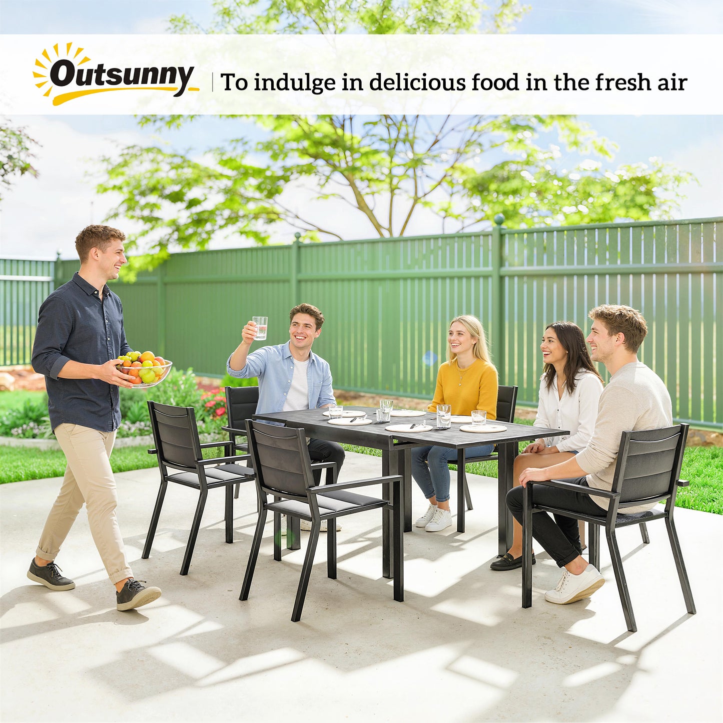Patio Dining Set for 6, Aluminum Expandable Outdoor Table and 6 Stackable Chairs with Padded Back, Mesh Seat, Black
