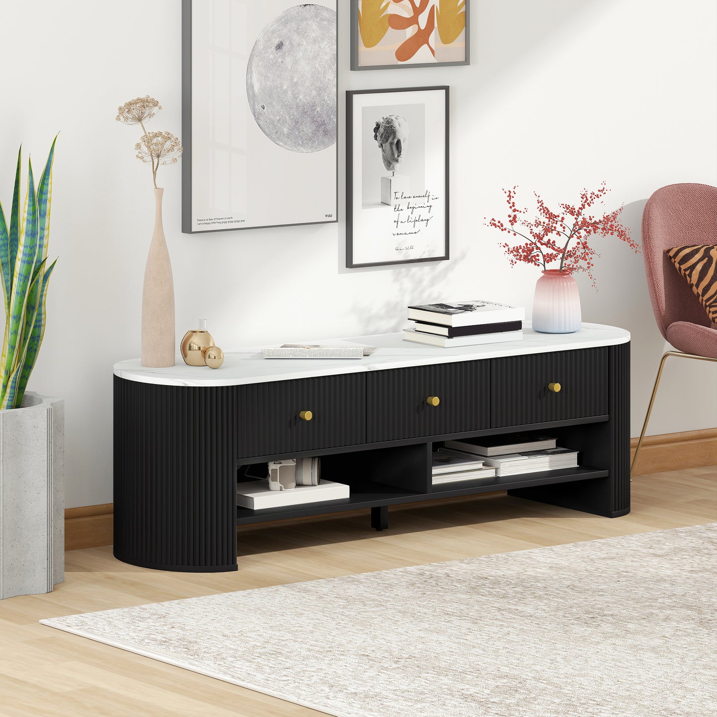 TV Stand, Modern TV Table with Marble-Effect Top, 3 Drawers and 2 Open Shelves for 32-65 Inch Television, Black