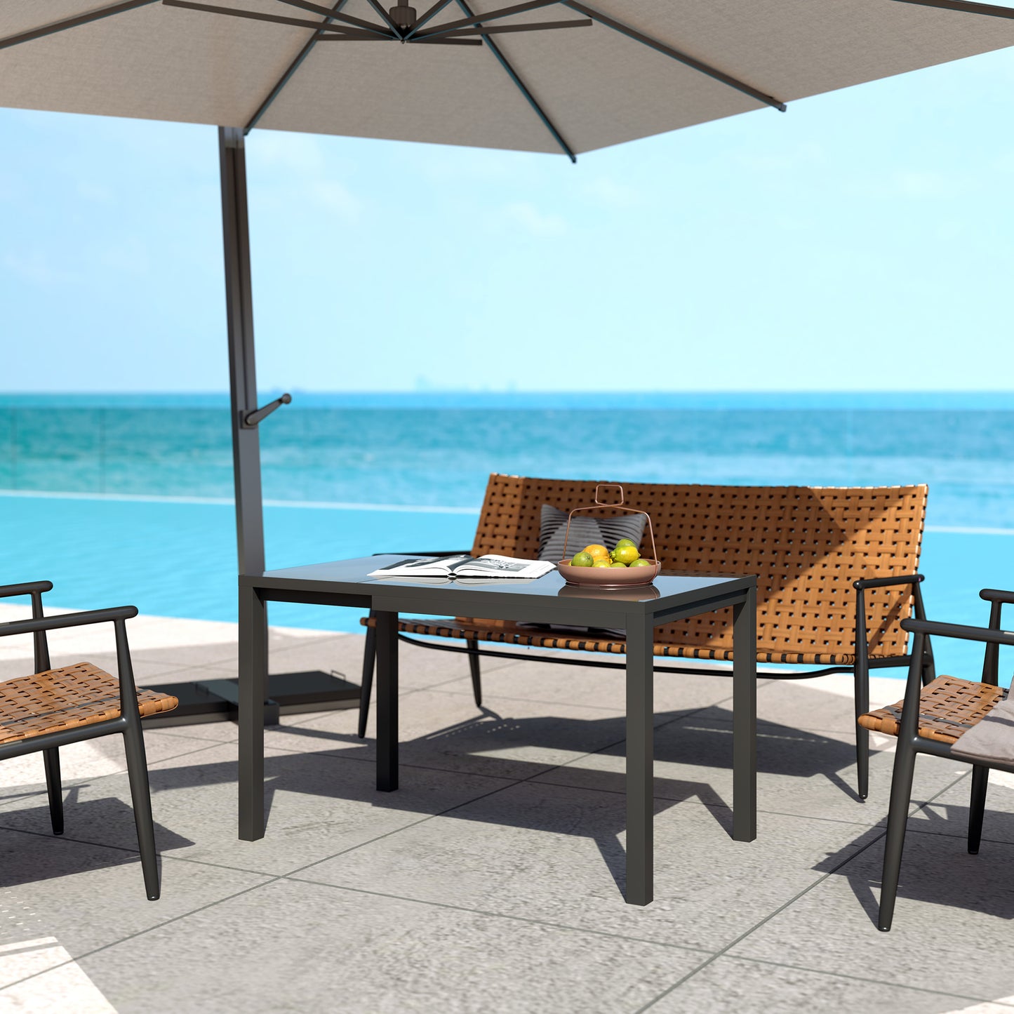 Extendable Patio Dining Table, 33.5"-49.2" Adjustable Outdoor Dining Table for 4-6 Person, with Tempered Glass Top, Metal Frame, for Lawn, Garden, Dark Grey