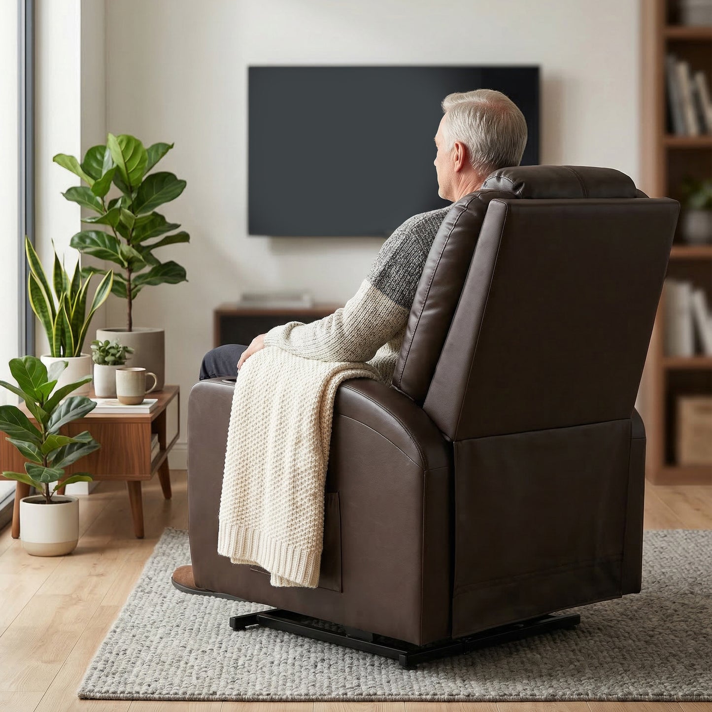 Power Lift Recliner Chair for Elderly, PU Leather Lift Chair with Thick and High Back, Footrest, Remote, Side Pockets, Cup Holders, Reclining Sofa for Living Room, Brown