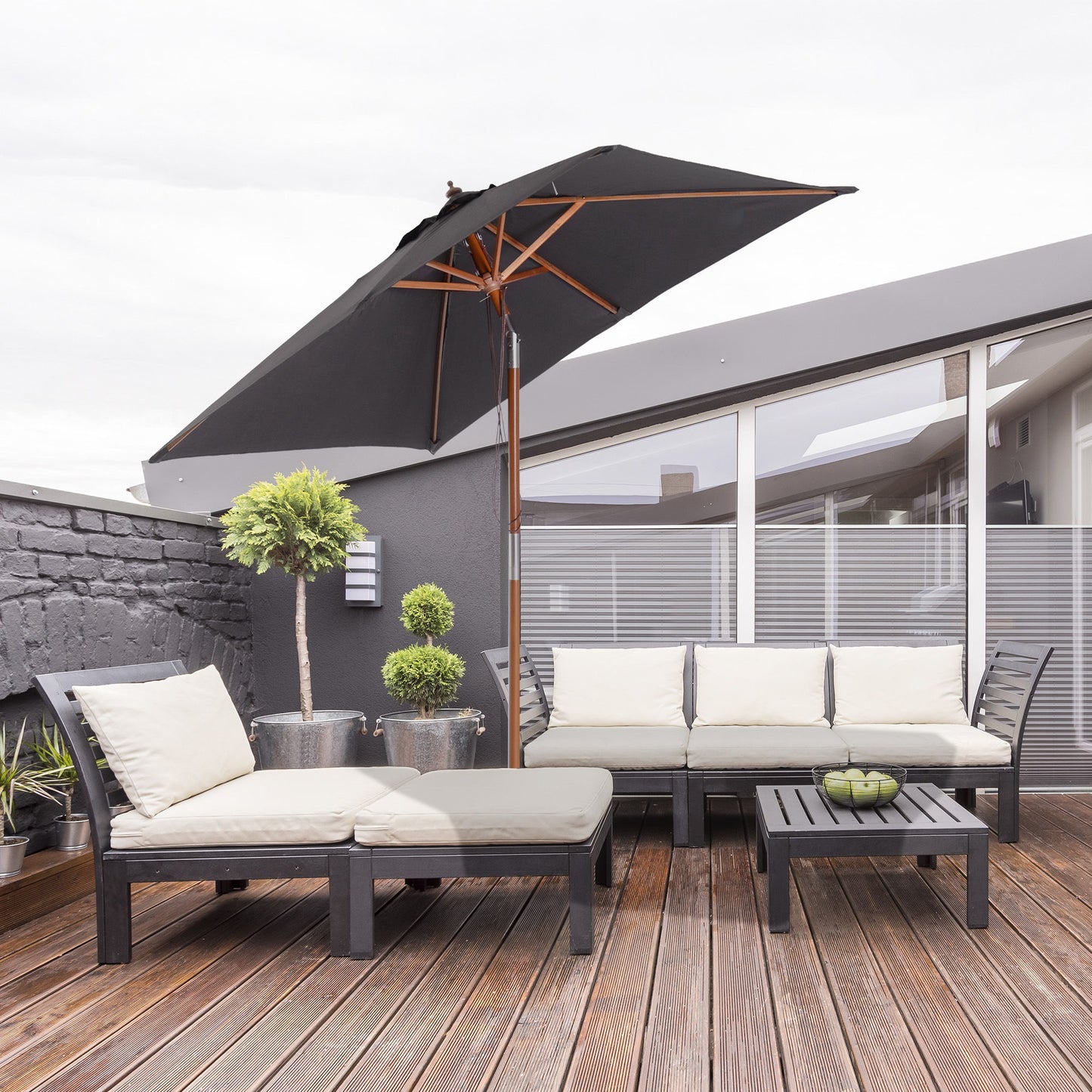 6.6x5ft Square Market Parasol, Wooden Patio Umbrella with Tilt Mechanism and 6 Bamboo Ribs, Garden Sunshade, Dark Grey