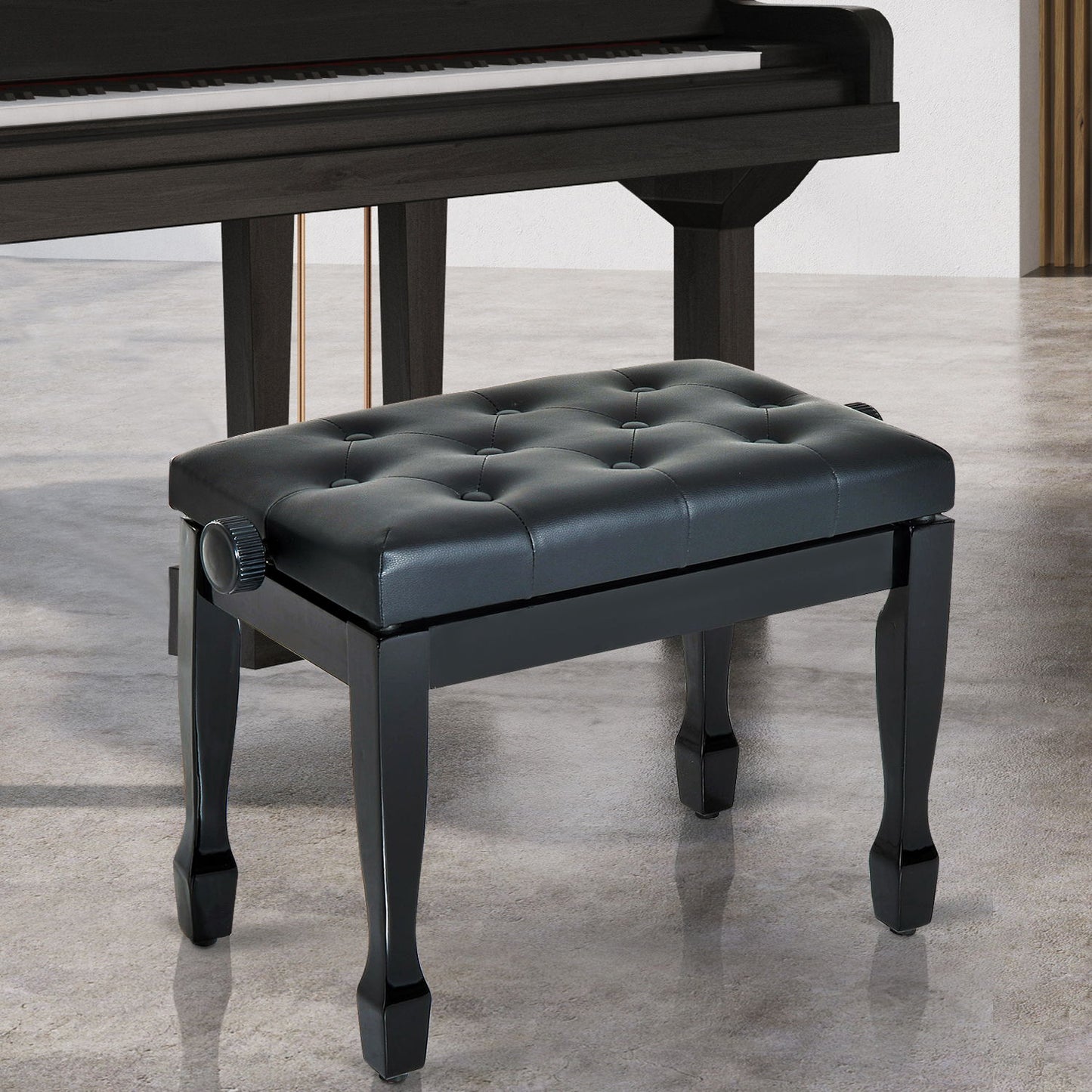 25" Adjustable Height Piano Bench with Padded Cushion, Keyboard Seat with Solid Wood Legs, Black