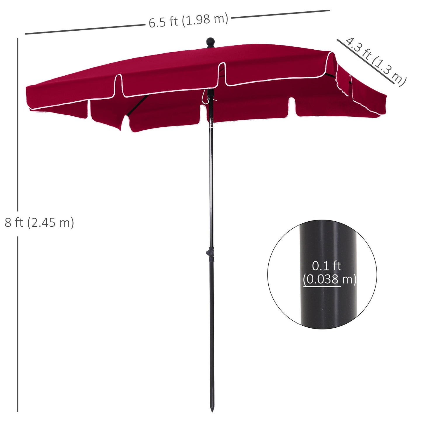 6.5x4ft Rectangle Patio Umbrella Aluminum Tilt Adjustable Garden Parasol Sun Shade Outdoor Canopy Red