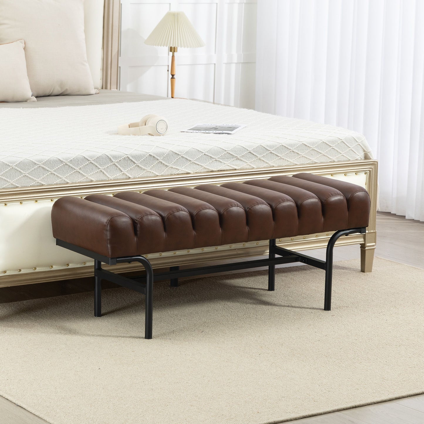 Bedroom Bench PU Leather End of Bed Bench with Cylindrical Seat and Metal Legs for Bedroom Living Room Hallway Brown