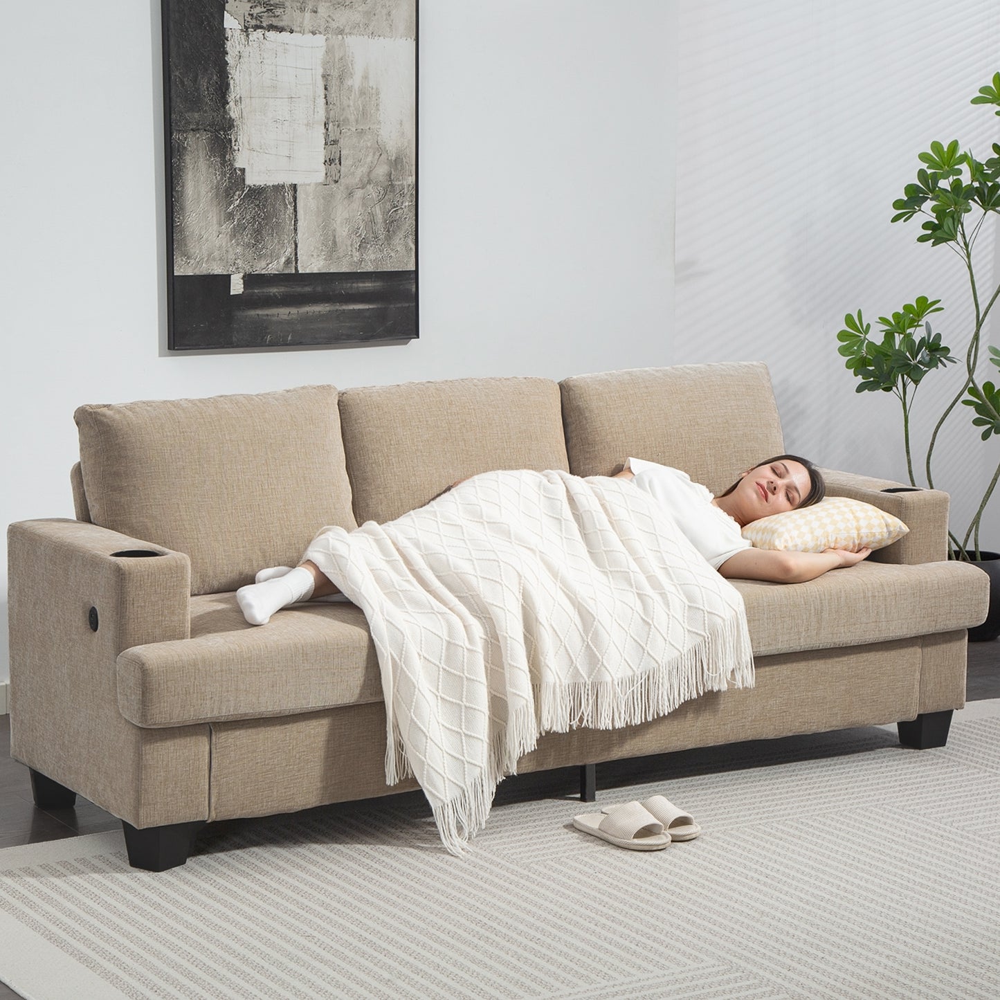 3 Seater Sofa with USB Ports & Cup Holders, Chenille-Feel Upholstered Couch for Living Room, Light Brown