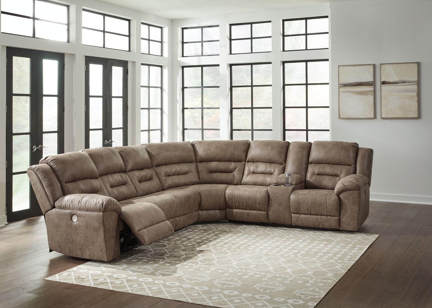 Ravenel - Fossil - 4-Piece Power Reclining Sectional With Raf Power Reclining Loveseat With Console - Faux Leather - Forward Furniture