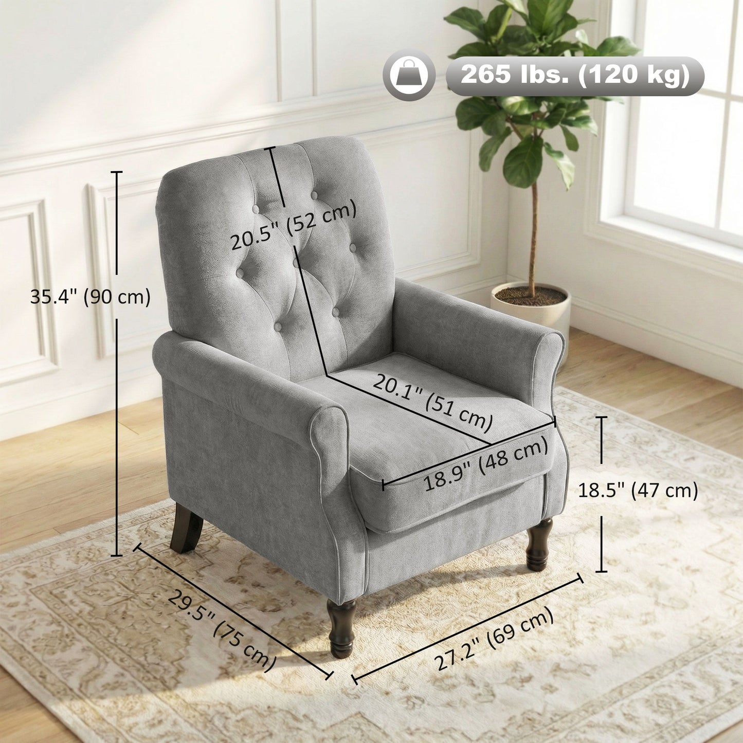 Accent Chair, Mid-Century Modern Armchair with Thick Padded Seat, Spring Cushion, Solid Wood Legs, Grey