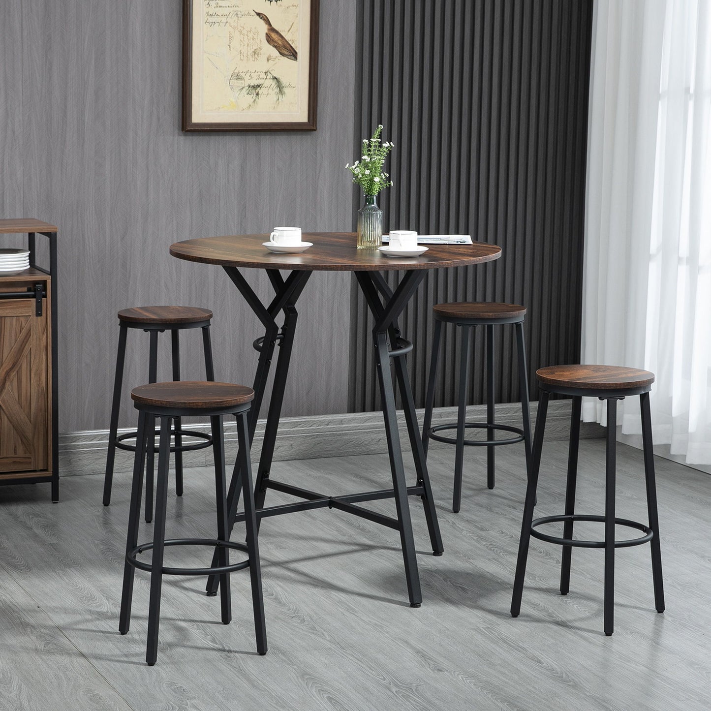5-Piece Bar Table and Chairs Set, Space Saving Dining Table with 4 Stools for Pub & Kitchen, Dark Brown