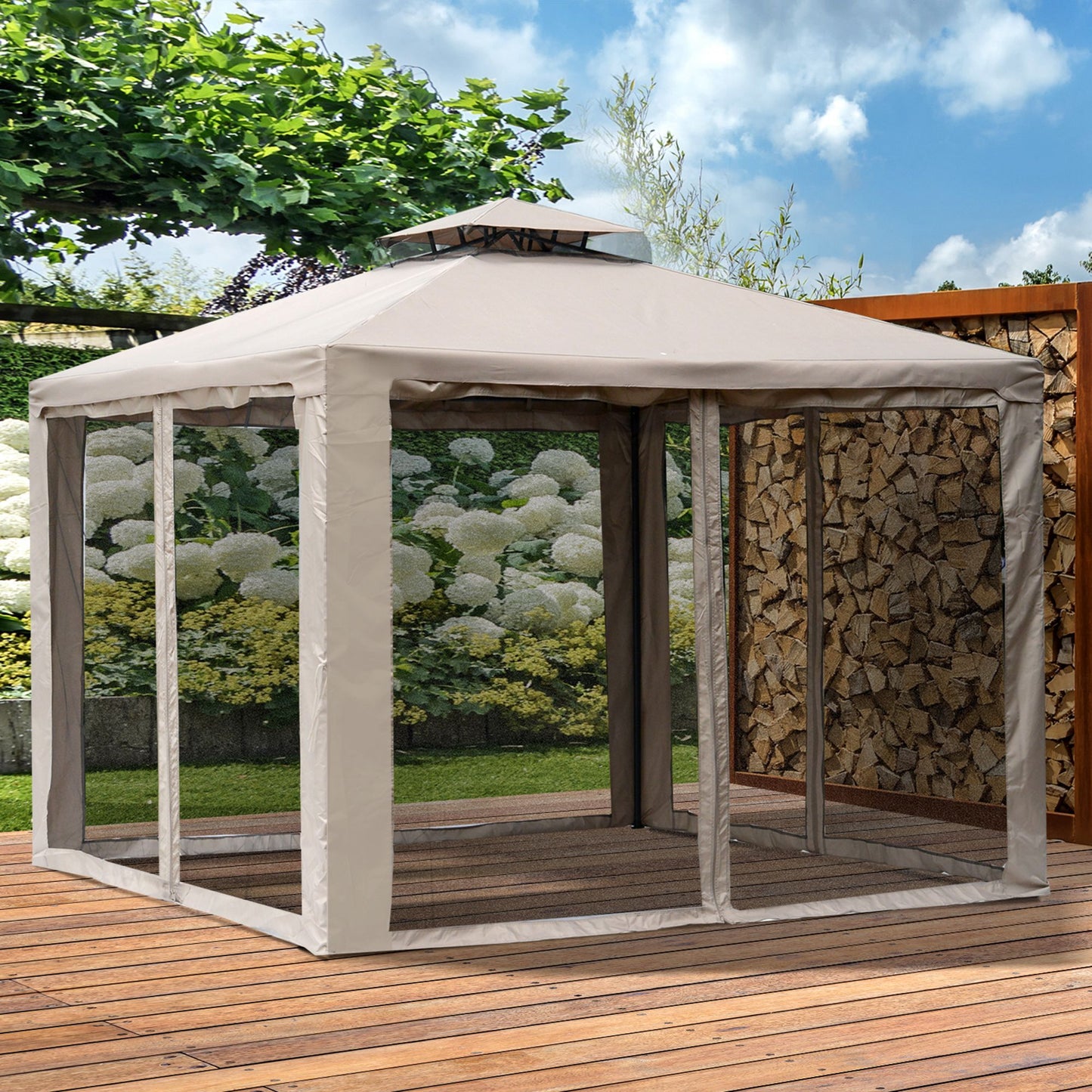 10' x 10' Patio Gazebo Pavilion, 2-Tier Roof Canopy Outdoor Event Party Tent with Steel Frame for Garden, Yard and Sun Shade Use, Brown