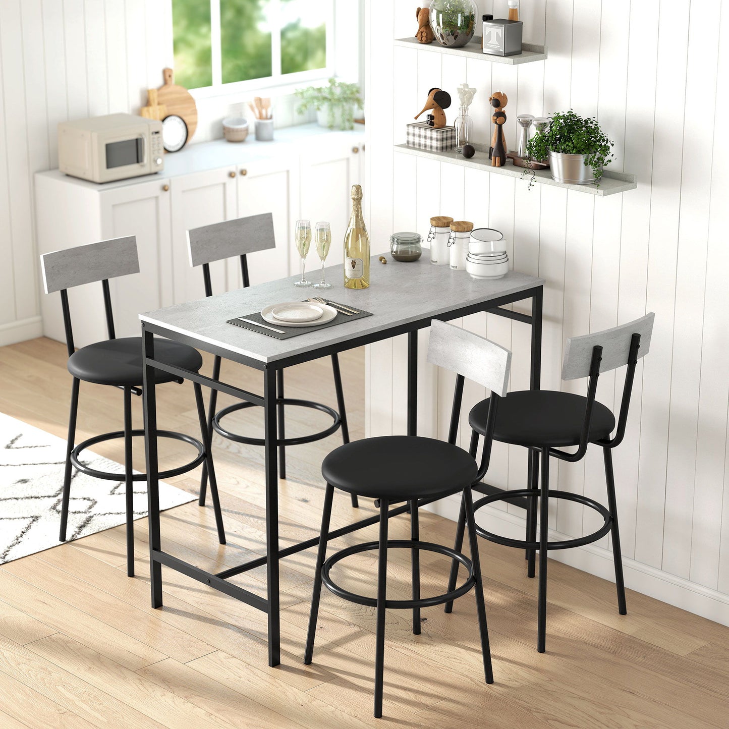 5-Piece Bar Table Set, Industrial Bar Table and Stools for 4 with Footrest and Steel Frame for Kitchen, Cement Grey