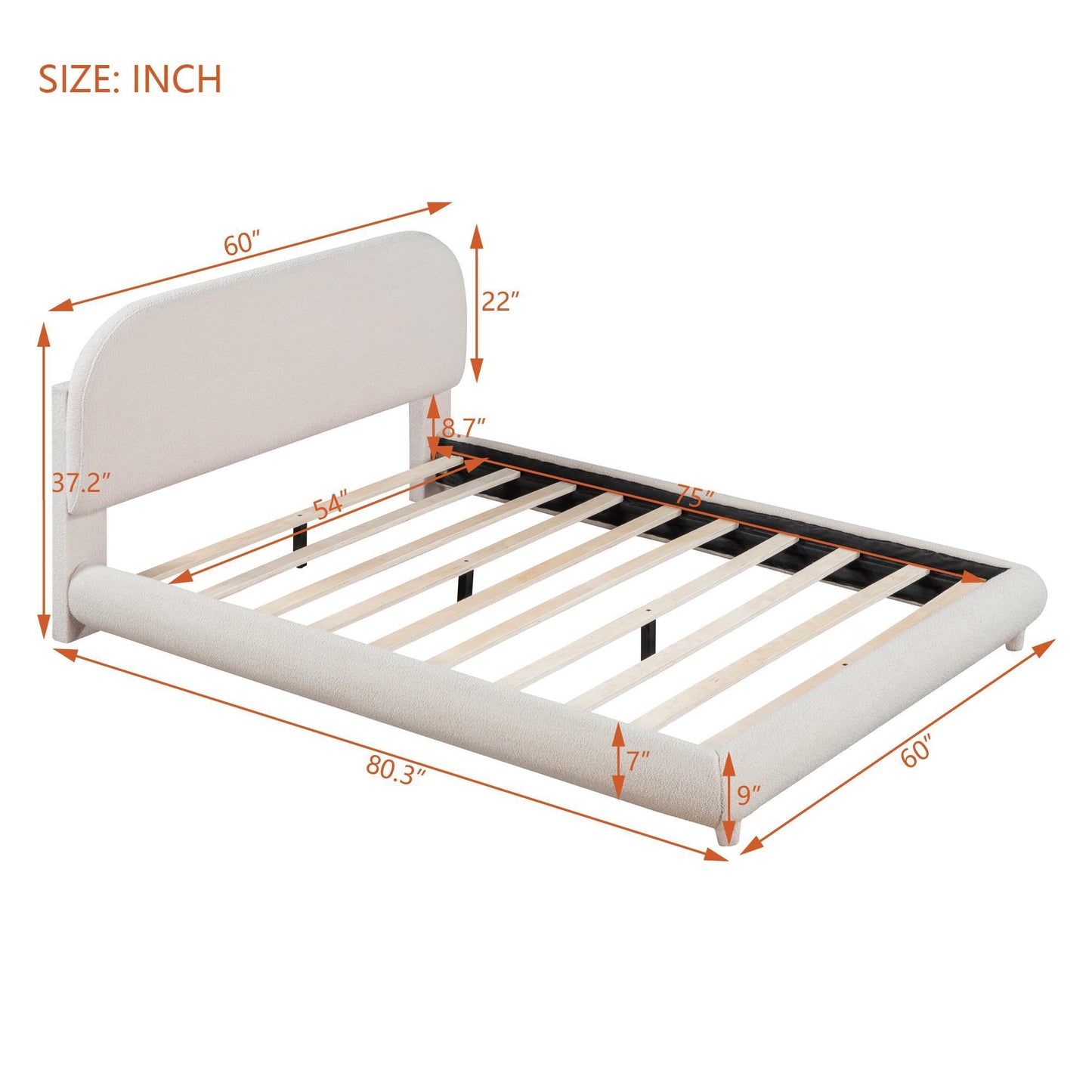 Full Size Upholstered Bed with Curved Headboard and Footboard, Sturdy Bedboard with Plywood & MDF Frame, 80.5'' L x 60'' W x 37'' H, Beige